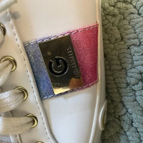 G by Guess Women White Lace Up Glitter on Stripe Sneakers Casual Shoes Size 7.5 - Picture 7 of 12